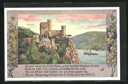 Künstler-AK sign. J. Durst: Rheinblick mit Schloss und Dampfer