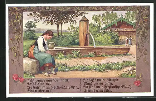Künstler-AK sign. J. Durst: Bauernmädchen sitzt am Wasserbrunnen