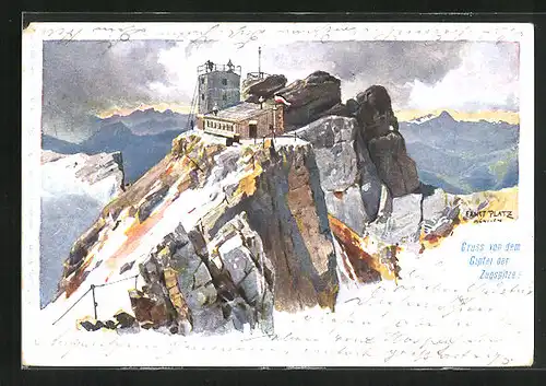 Künstler-AK Ernst Platz: Berghütte mit Aussichtsturm auf dem Gipfel der Zugspitze