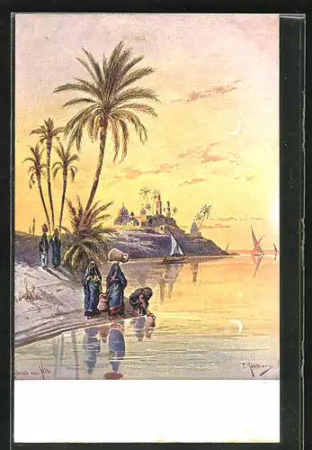 Künstler-AK Friedrich Perlberg: arabische Frauen holen Wasser aus dem See