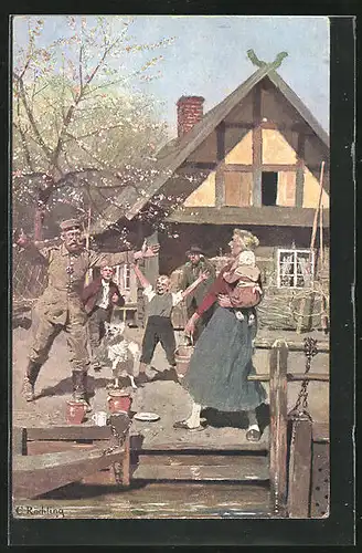 Künstler-AK sign. C. Röchling: Soldat bei der Heimkehr trifft jubelndes Kind und Frau