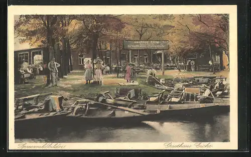 AK Burg / Spreewald, Gasthaus Eiche mit Bootsanlegestelle