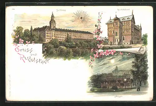 Sonnenschein-AK Rudolstadt, Schloss, Rudolsbad & Anger