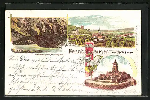 Lithographie Frankenhausen am Kyffhäuser, Panorama und Barbarossa-Höhle