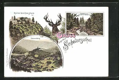 Lithographie Schwarzburg, Gesamtansicht, Ruine Greifenstein & Steinerne Brücke