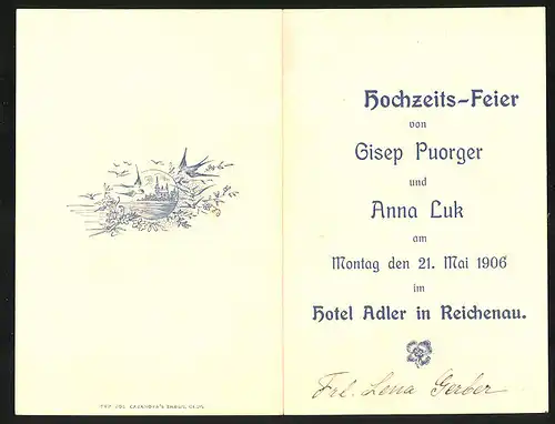 Menükarte Reichenau, Hotel Adler 1906