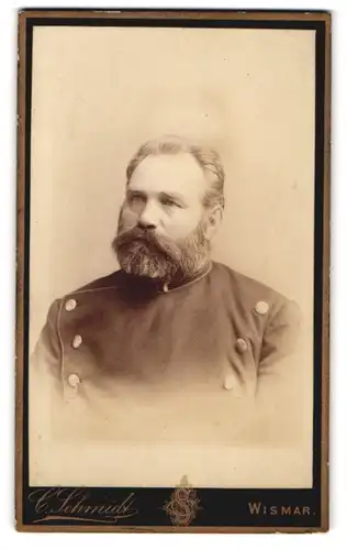 Fotografie C. Schmidt, Wismar, Portrait Eisenbahner der Reichsbahn mit Vollbart in Uniform