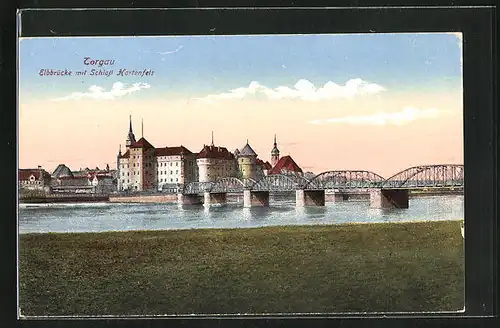 AK Torgau, Elbbrücke mit Schloss Hartenfels