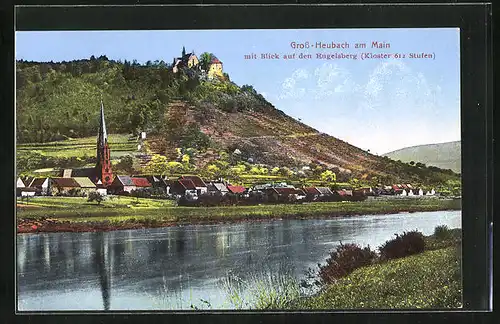 AK Gross-Heubach, Mainufer mit Blick auf den Engelsberg mit Kloster