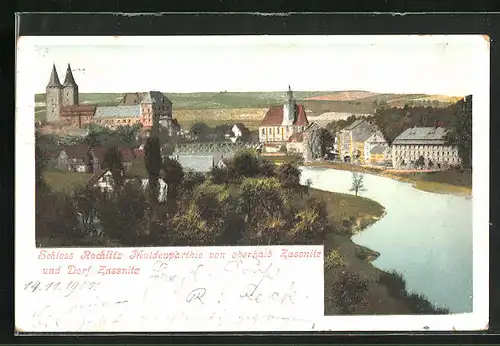 AK Rochlitz, Schloss Rochlitz Muldenpartie von oberhalb Zassnitz aus gesehen und Dorf Zassnitz