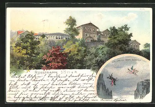 Lithographie Thale, Der Sprung übers Bodethal, Gasthaus auf dem Gipfel