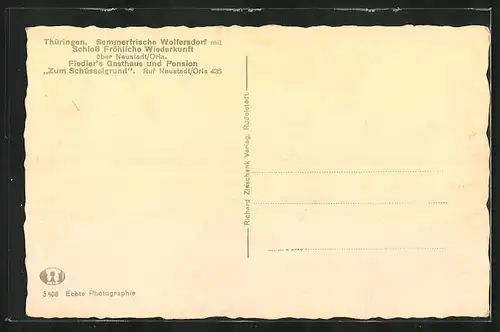 AK Wolfersdorf /Thür., Fiedlers Gasthaus zum Schüsselgrund, Waldbad Herzog Ernst