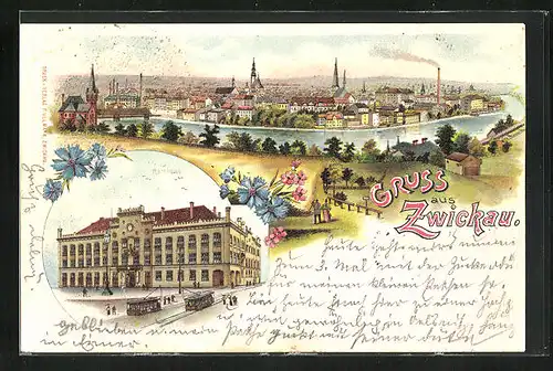 Lithographie Zwickau, Strassenbahnenvor dem Rathaus, Flusspartie mit Ort