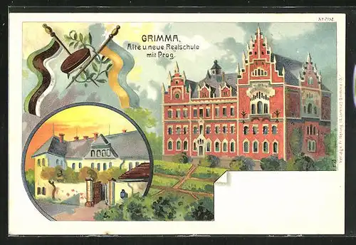 Lithographie Grimma, Alte und neue Realschule mit Prog