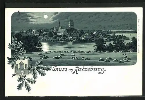 Mondschein-Lithographie Ratzeburg, Blick auf Kirche über den See hinweg