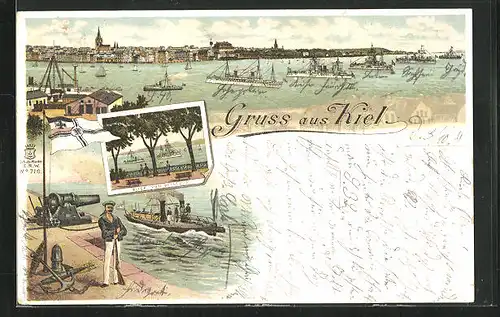 Lithographie Kiel, Matrose am Hafen, Schiffe auf dem Wasser, Blick von Bellevue
