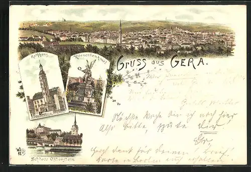 Lithographie Gera, Rathaus, Kriegerdenkmal, Schloss Osterstein