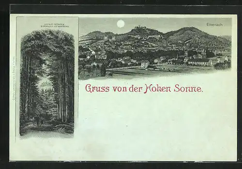 Mondschein-Lithographie Eisenach, Hohe Sonne, Durchblick zur Wartburg