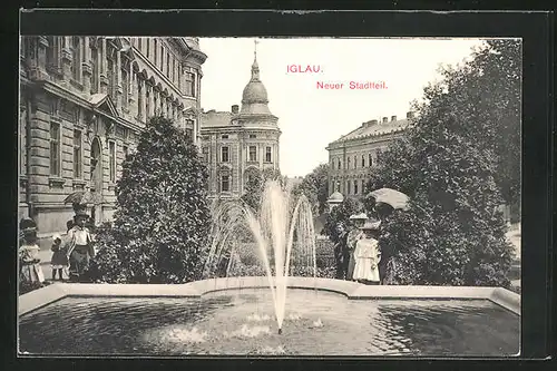 AK Iglau, Neuer Stadtteil mit Brunnen