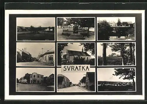 AK Svratka, Denkmal, Gesamtansicht, Strassenpartien im Ort