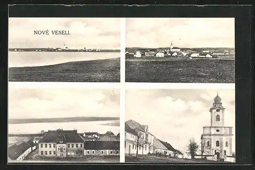 AK Nove Veseli, Kirche, Skola, Gesamtansicht, Blick über den See