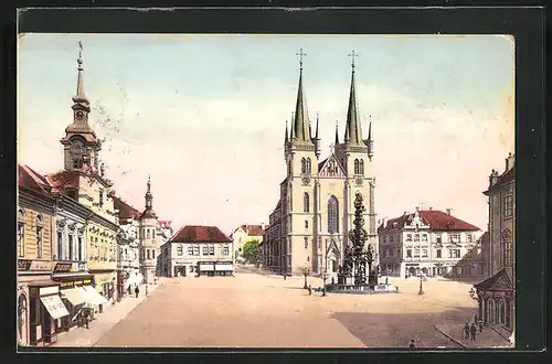 AK Schumberg / Chrudim, Platz mit Kirche und Denkmal