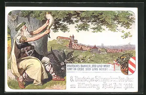 AK Nürnberg, 8. Deutsches Sängerbundes-Fest 1912, Germane mit Trinkhorn