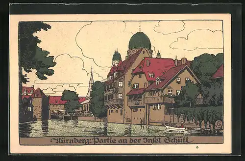 Steindruck-AK Nürnberg, Synagoge an der Insel Schütt