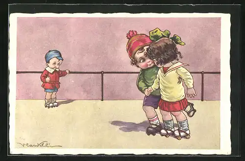 Künstler-AK Castelli: Kinder auf Rollschuh-Bahn