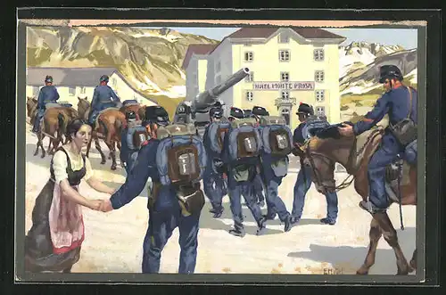 Künstler-AK sign. E. Hodel: Schweizer Soldaten verabschieden sich