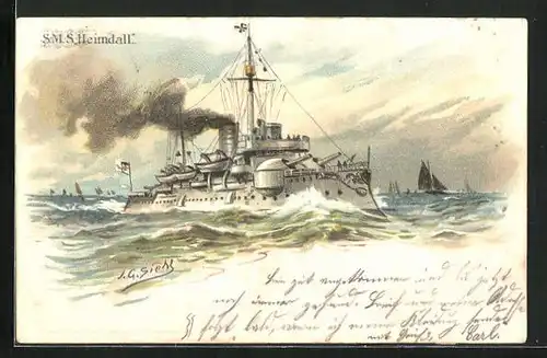Künstler-AK Johann Georg Siehl-Freystett: Kriegsschiff SMS Heimdall