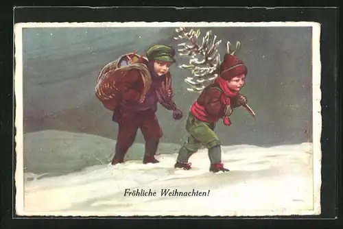 Künstler-AK Leopoldo Metlicovitz: Kinder beim Marsch durch Schnee