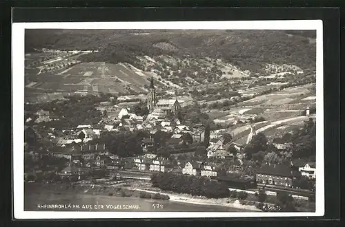AK Rheinbrohl a. Rh., Teilansicht mit Kirche aus der Vogelschau