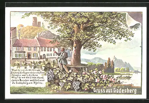AK Godesberg, Ortsansicht mit Wanderer und Baum