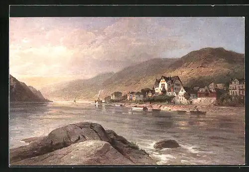 Künstler-AK Assmannshausen, Flusspartie mit Gasthaus Künstlerheim Zur Krone