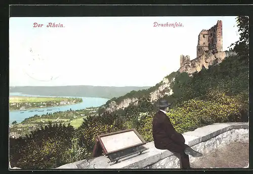 AK Königswinter / Rhein, Wanderer mit Drachenfels