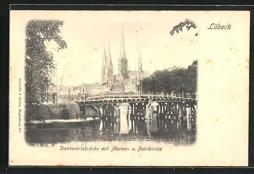 AK Lübeck, Danwartsbrücke mit Marien- u. Petrikirche