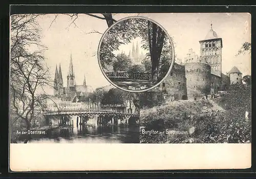 AK Lübeck, Burgthor mit Stadtmauer, Blick vom Wall