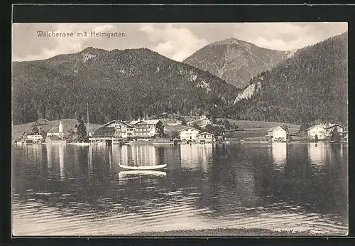 AK Walchensee, Uferpartie mit Heimgarten und Boot