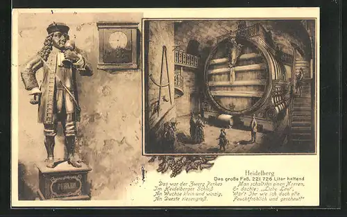 AK Heidelberg, Das grosse Fass, Statue von Zwerg Perkeo