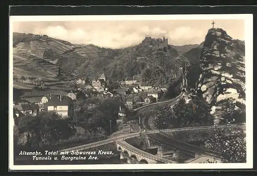 Lithographie Altenahr und Schwarzes Kreuz, Tunnels u. Burgruine Are