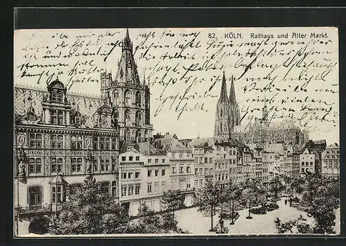 AK Köln, Alter Markt mit Geschäften, Rathaus und Dom