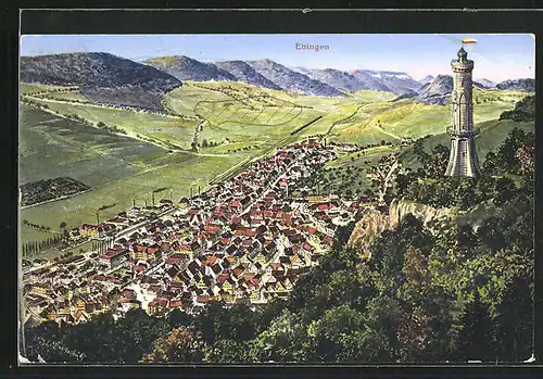Künstler-AK Ebingen, Gesamtansicht vom ort und Umgebung