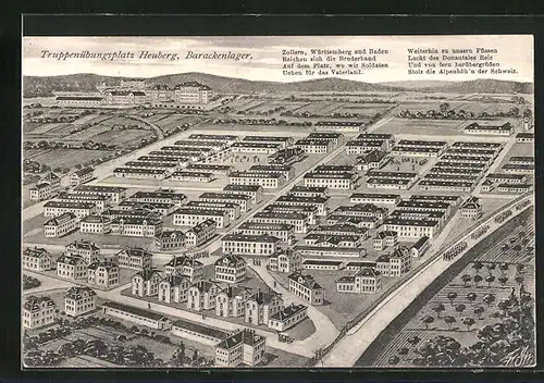 Künstler-AK Heuberg, Truppenübungsplatz Barackenlager aus der Vogelschau