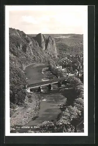 AK Bad Münster a. Stein, Teilansicht vom Ort mit Fluss und Brücke