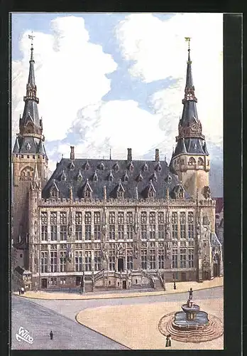 Künstler-AK Aachen, Rathaus mit Brunnen