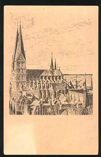 Künstler-AK Lübeck, Marienkirche vom Petrikirchturm aus gesehen