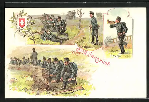 AK Soldatengruss, Schweizer Soldaten mit Tompete und Gewehren