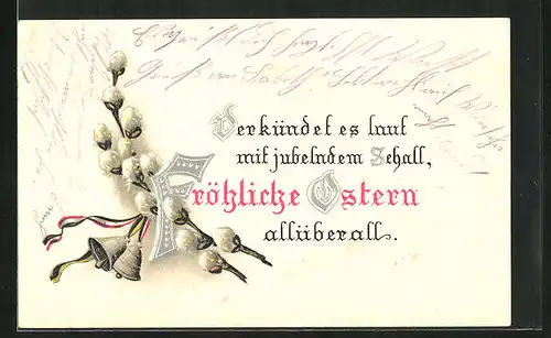 Präge-AK Ostergrüsse, Weidenkätzchen mit Kaiserreichsband