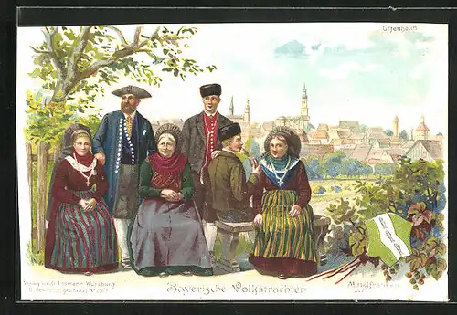 Lithographie Uffenheim, Männer und Frauen in bayerischen Trachten am Rande des Ortes